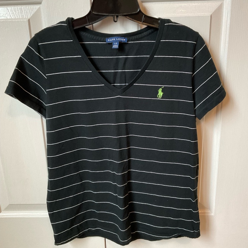Ralph Lauren Black and White Striped V-Neck Tee